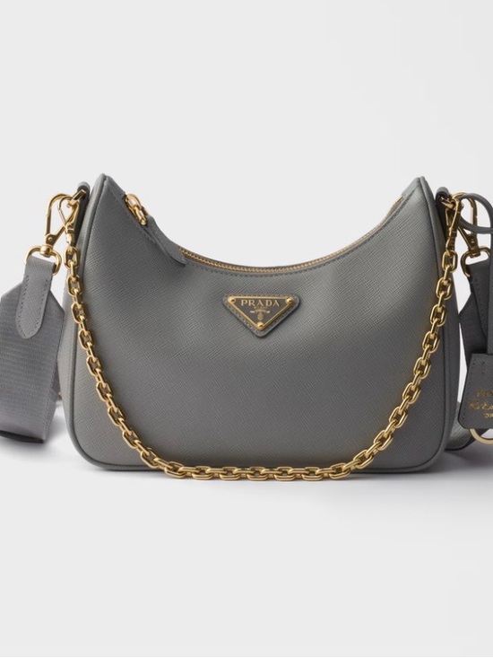 Prada Handbags - Prada Grey Saffiano Crescent Shoulder Bag with Gold Chain Detail